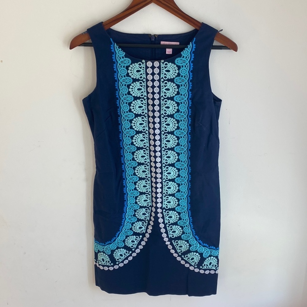 Lily Pulitzer navy and teal embroidered shift dress